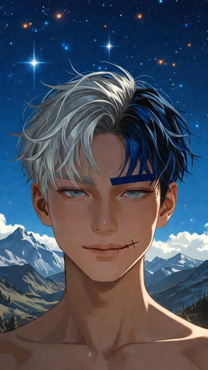 Homem em anime sob céu estrelado em paisagem montanhosa
