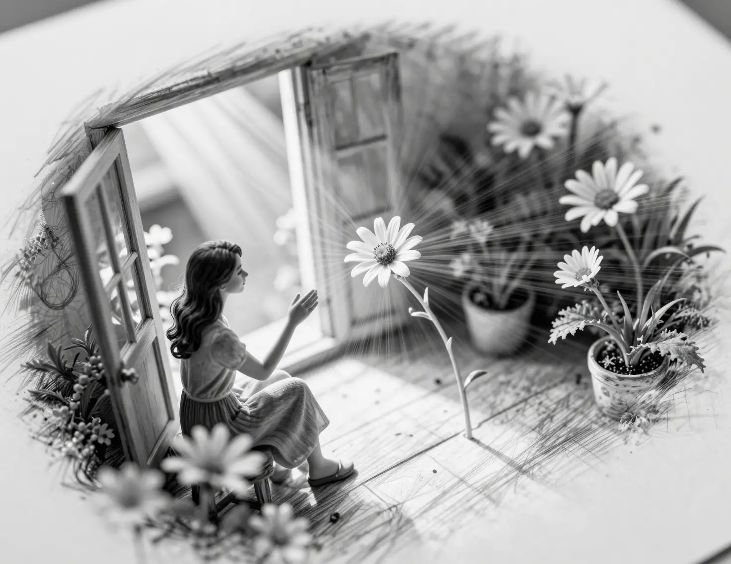 Woman admiring a flower by a sunlit veranda