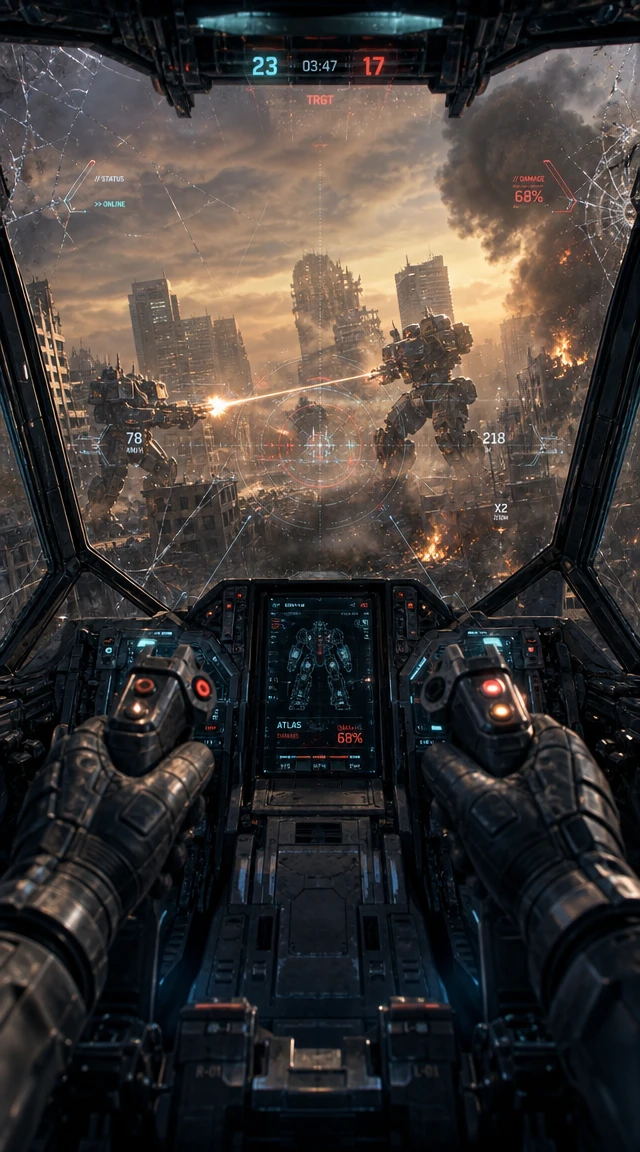 Vista en primera persona desde la cabina de un meca de combate al atardecer