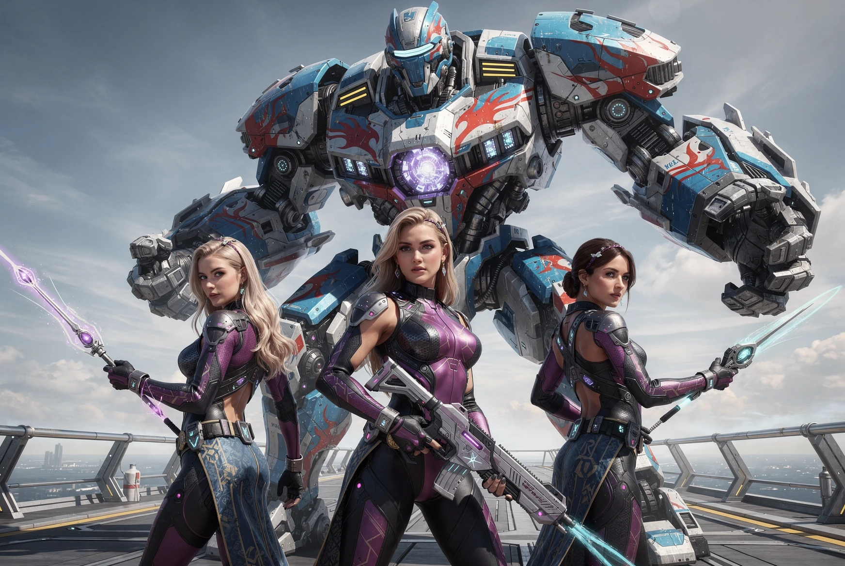 Donne futuristiche in posa con un colossale robot da combattimento