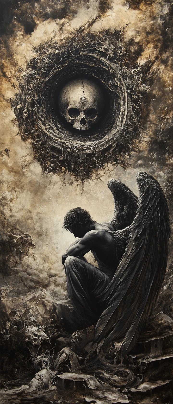 Anjo negro caído em uma tempestade cósmica gótica e surreal