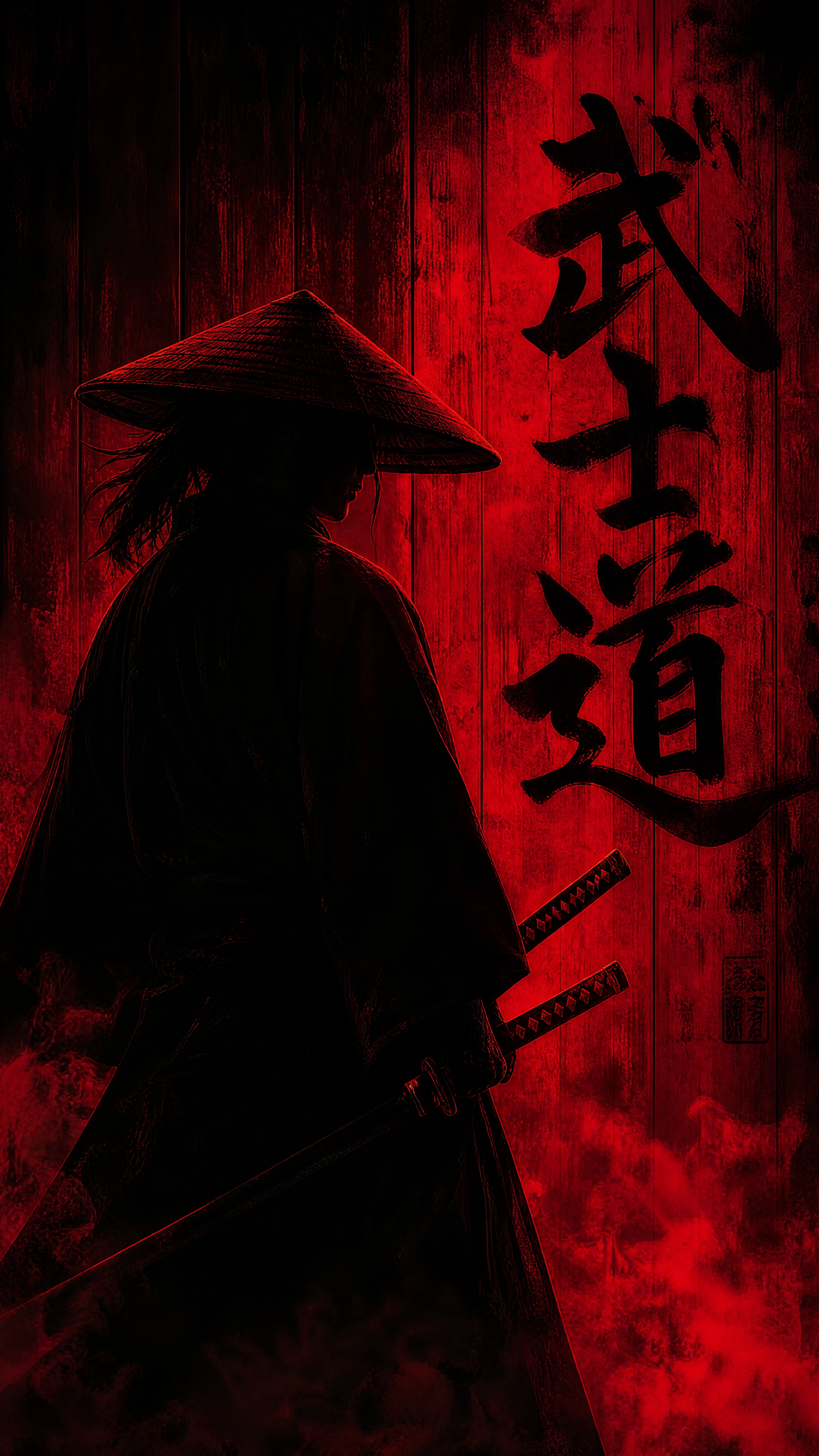 Samurai em silhueta na luz vermelha diante de parede com kanji