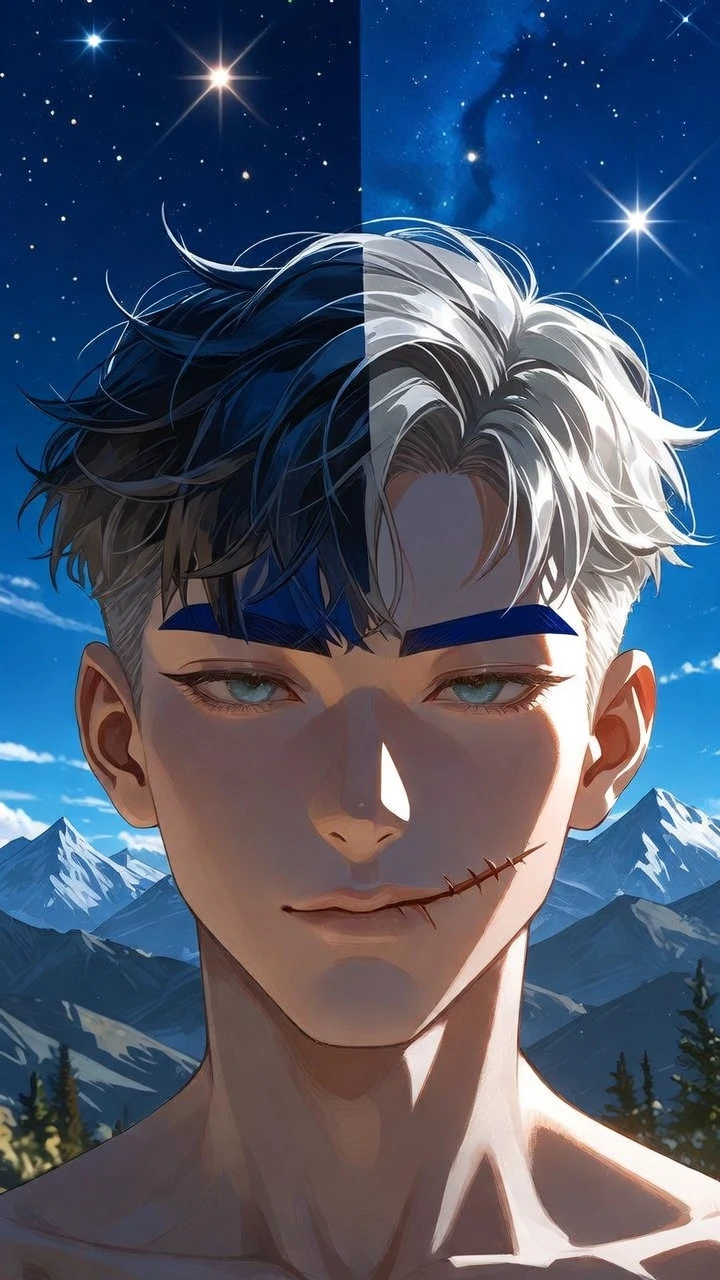 星空下群山中的寧靜動漫男子