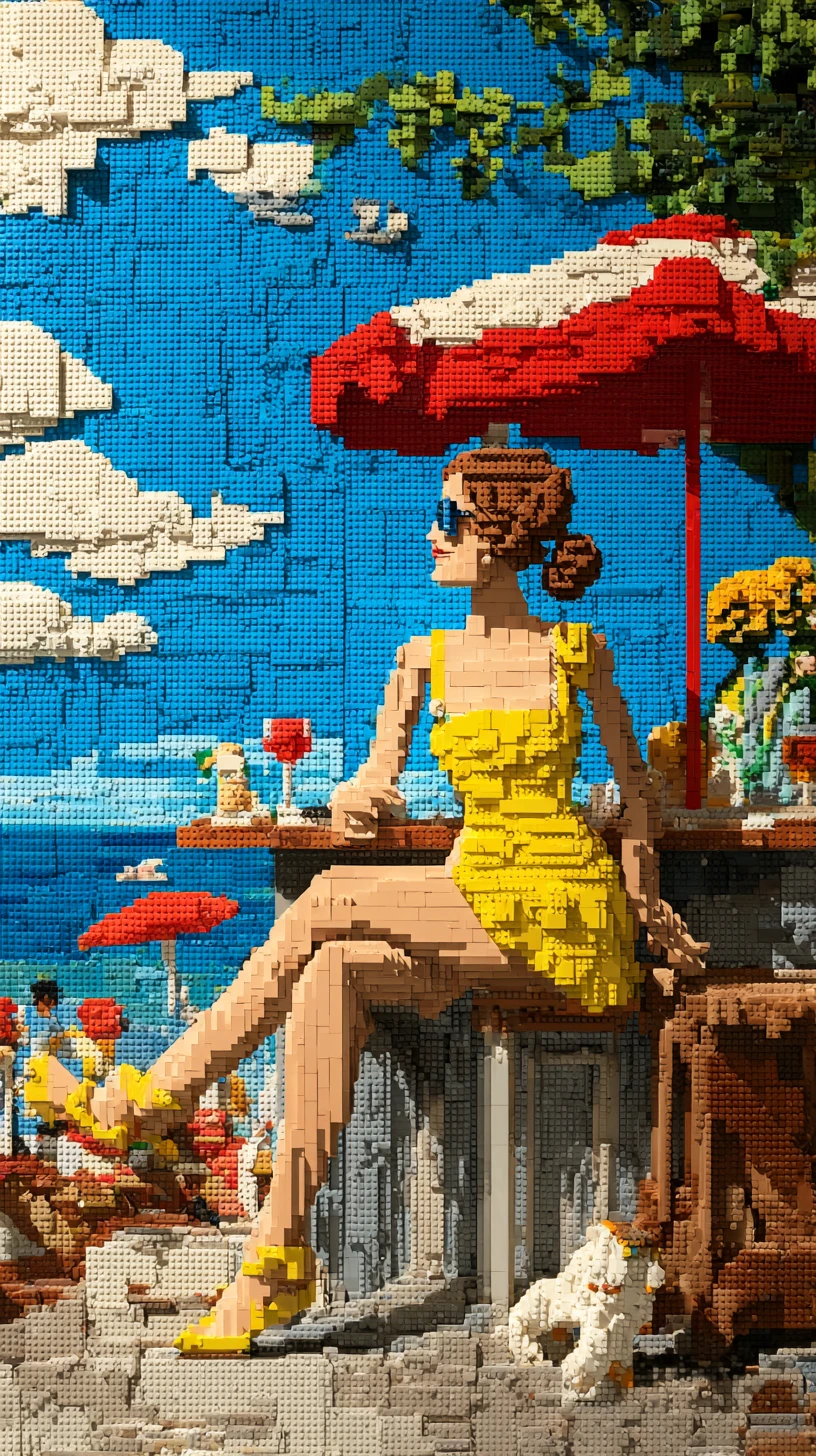 Mulher bonita em um terraço de bar construído com peças de Lego