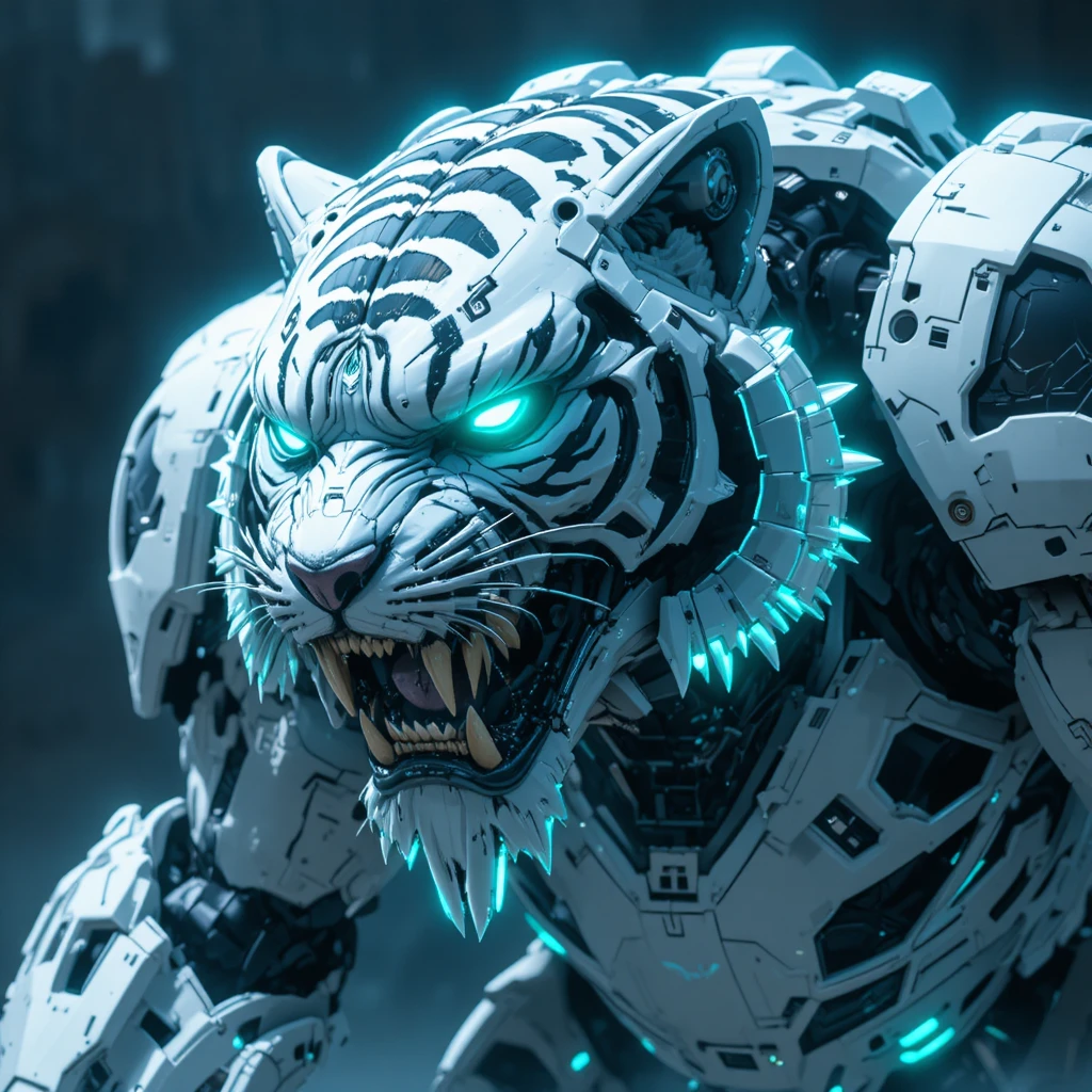 Géant tigre à dents de sabre cybernétique aux accents néon bleus