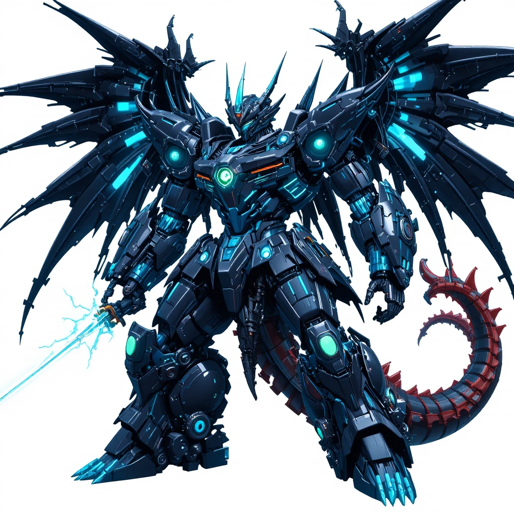 Riesiger Neon-Mecha-Drache mit leuchtender Klinge und Flügeln