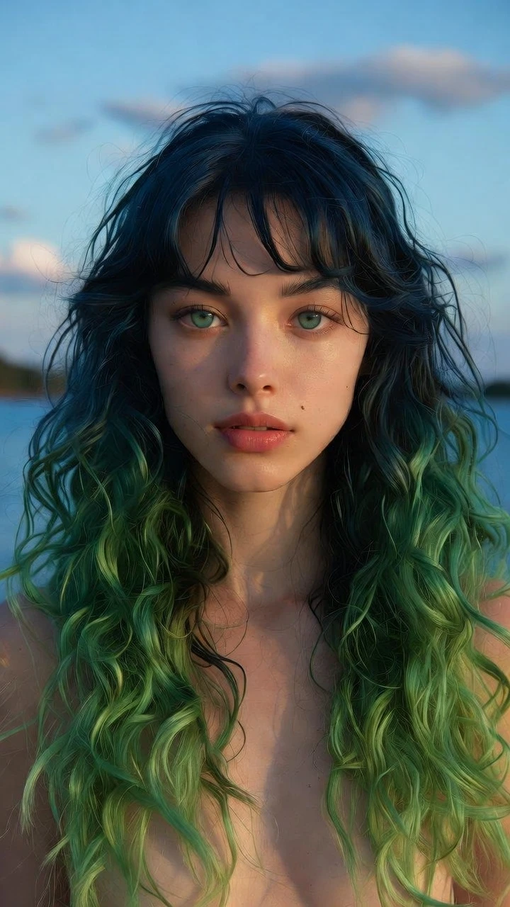 Ragazza anime vicino ad acque tranquille all’alba in vista completa