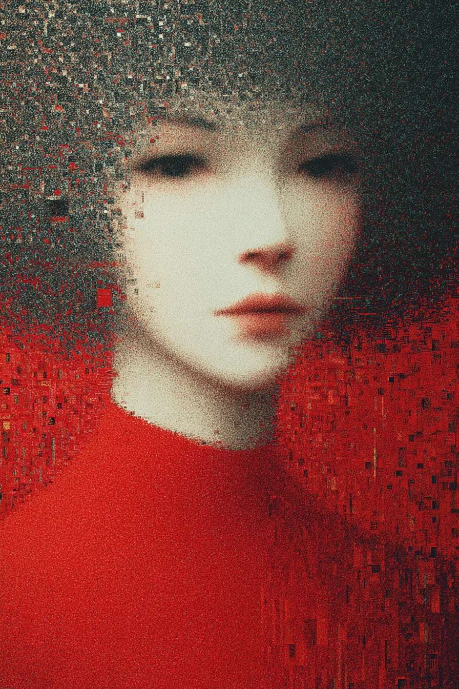 Mulher surreal em tons de vermelho se dissolvendo em colagem abstrata