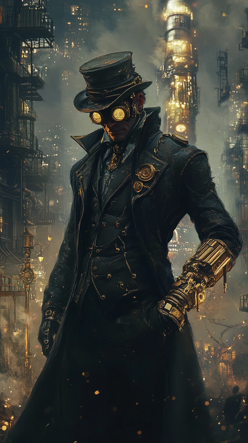 Steampunk clockmaker villain towering over a Victorian city