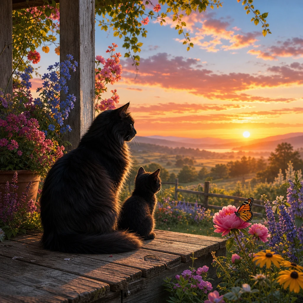 Chatte et chaton sur un porche au lever du soleil