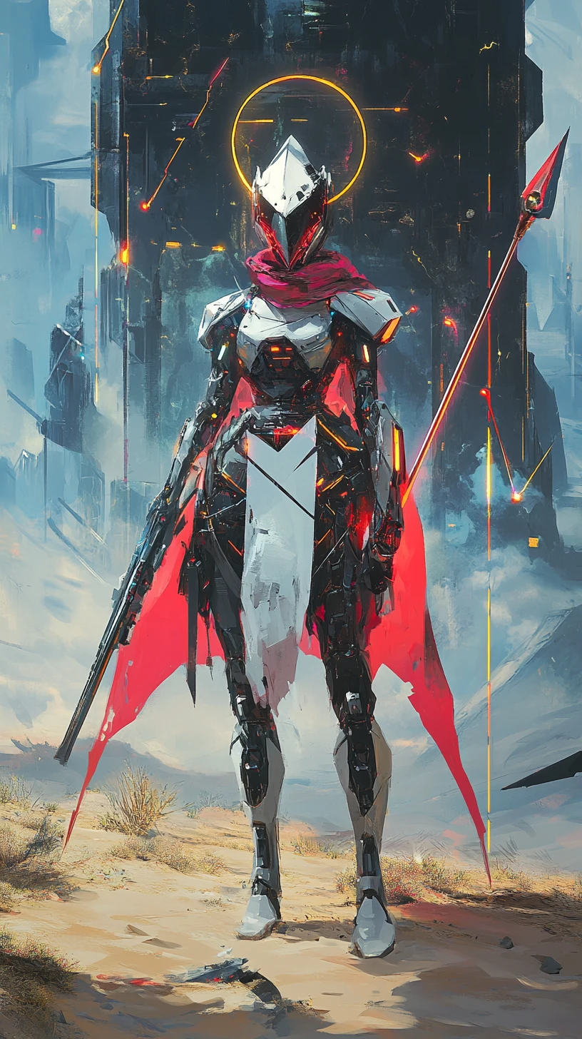 Futuristic warrior in glowing armor amid ancient ruins