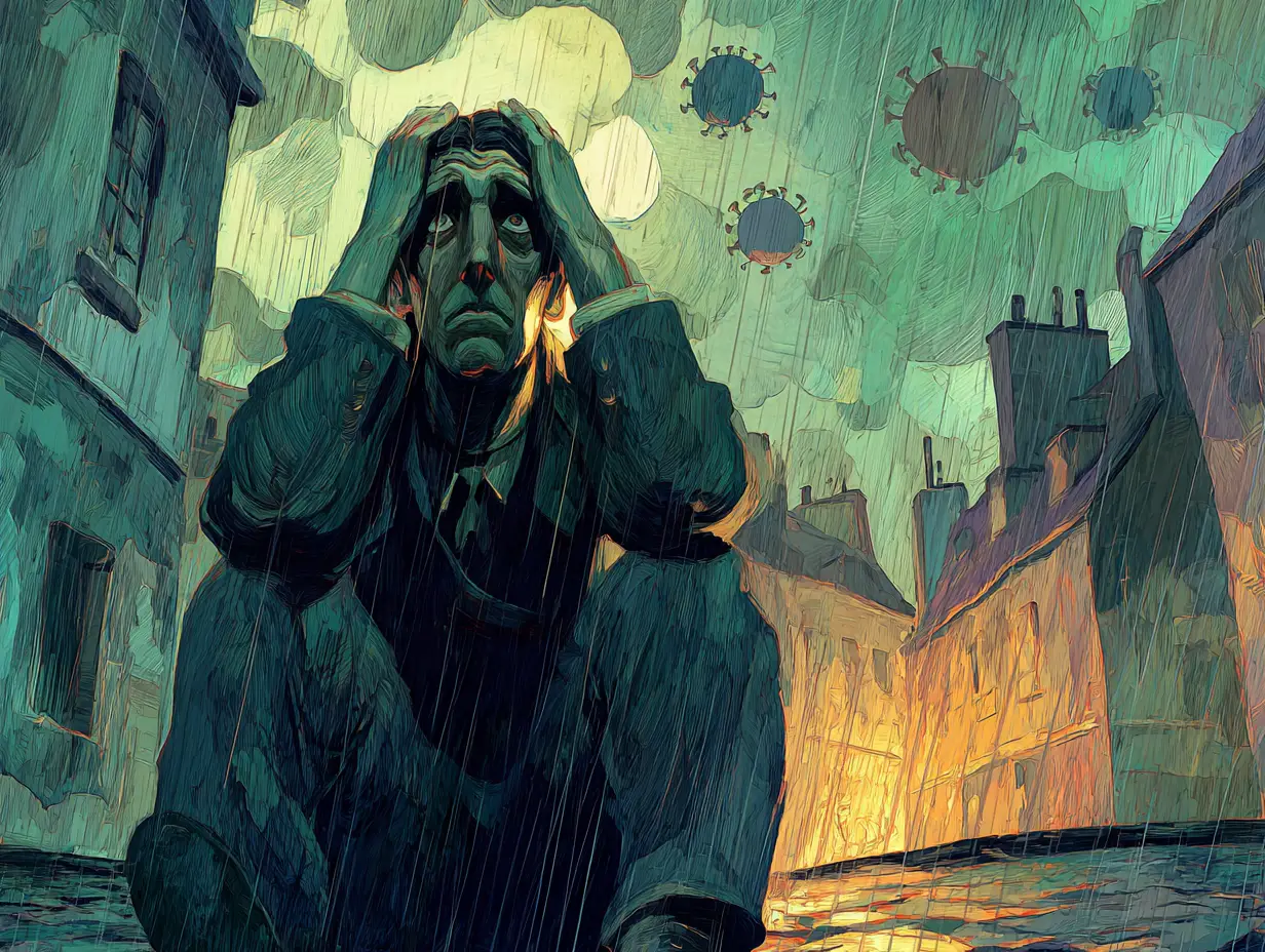 在雨中防禦病毒的焦慮人物