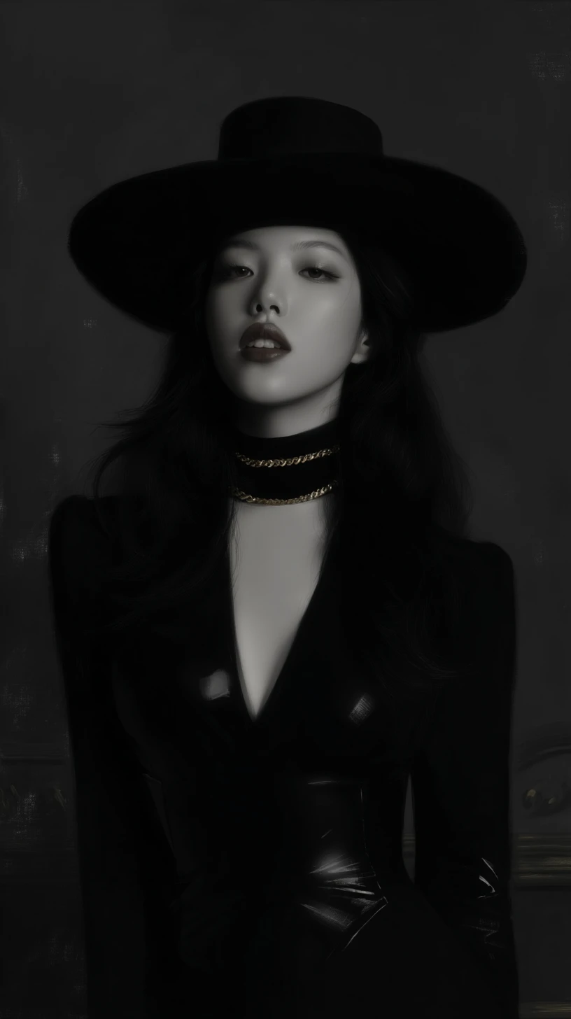 Glamorous woman in black hat portrait in monochrome