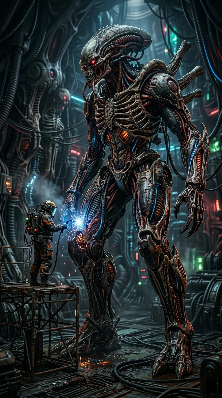 Créature extraterrestre biomécanique dans un décor industriel sci-fi sombre