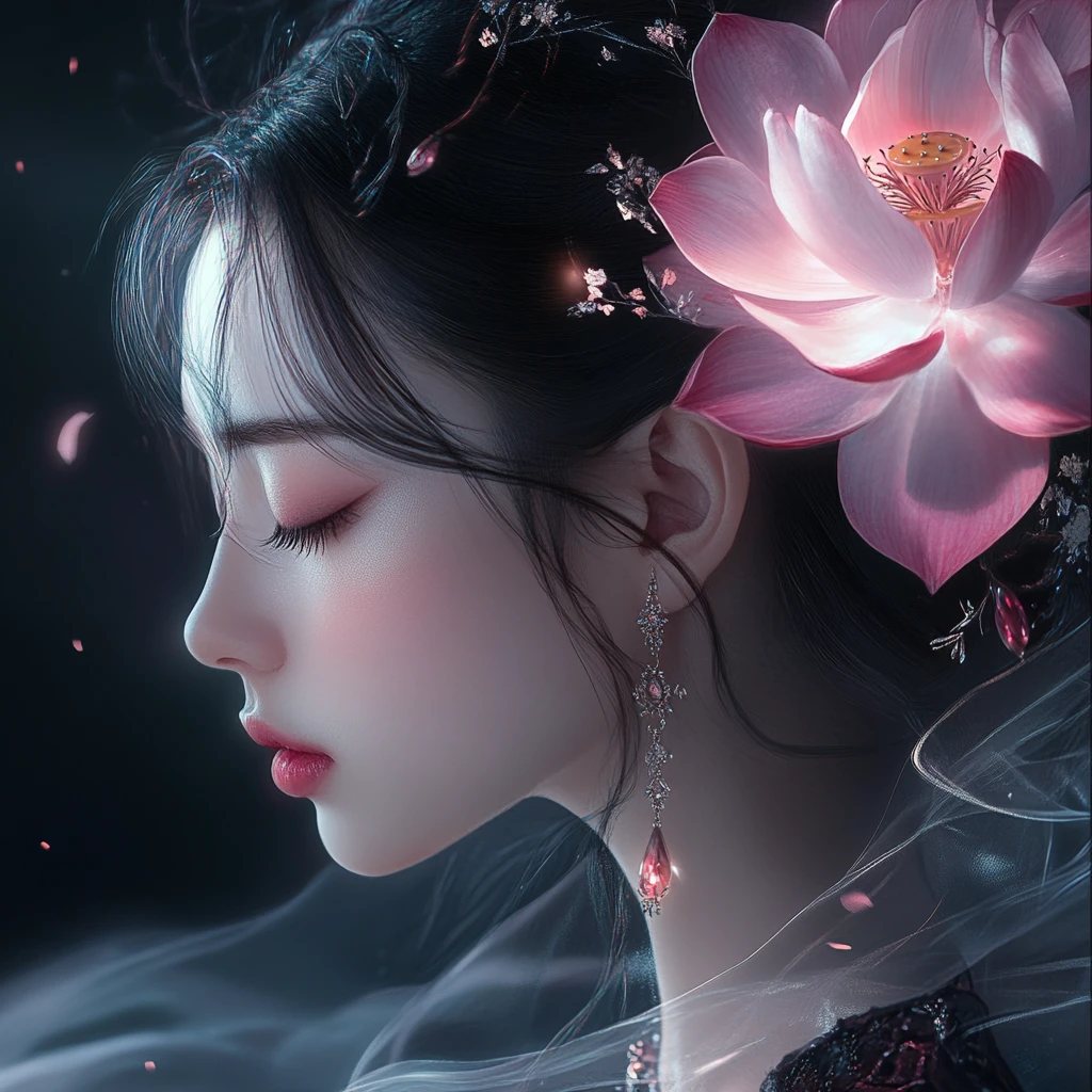 Ethereal anime woman with glowing lotus flowers and silk