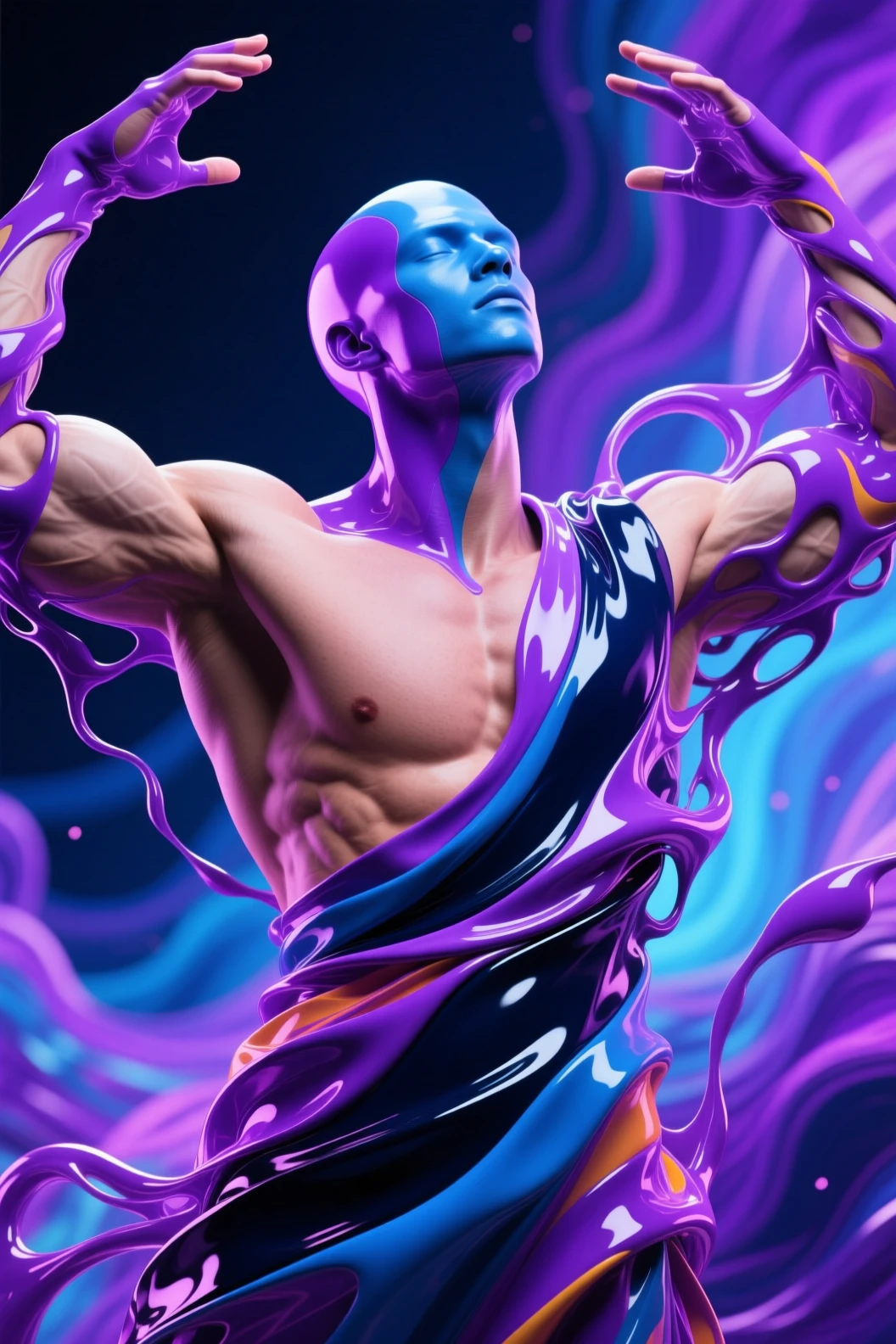 Abstract liquid male figure in swirling violet hues