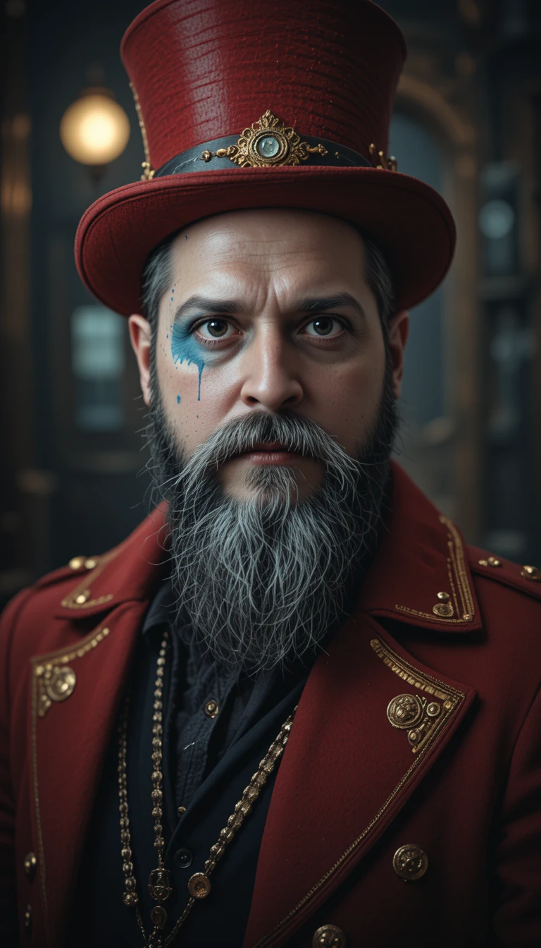 Steampunk-Mann mit rotem Zylinder und mystischer Gesichtsbemalung