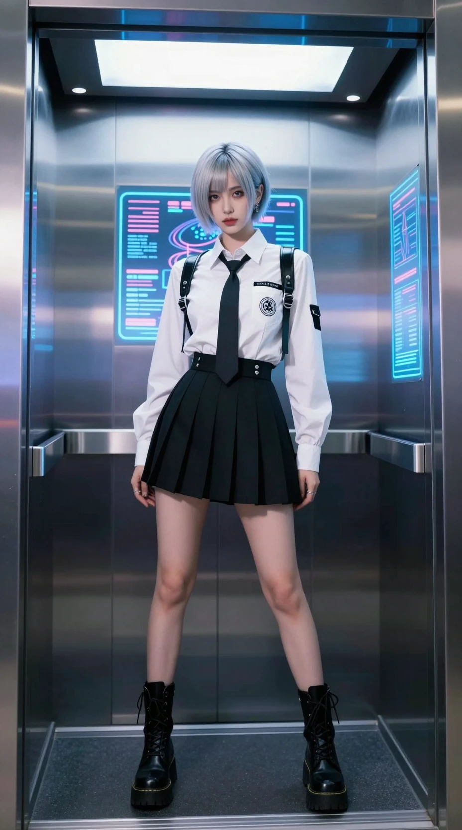Cyberpunk-Frau im Neonaufzug mit Schuluniform