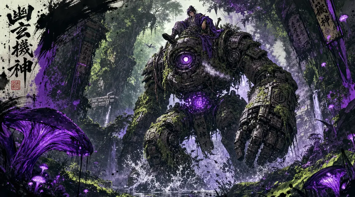 Géant gardien des ruines avec cavalier dans une jungle fantastique lumineuse
