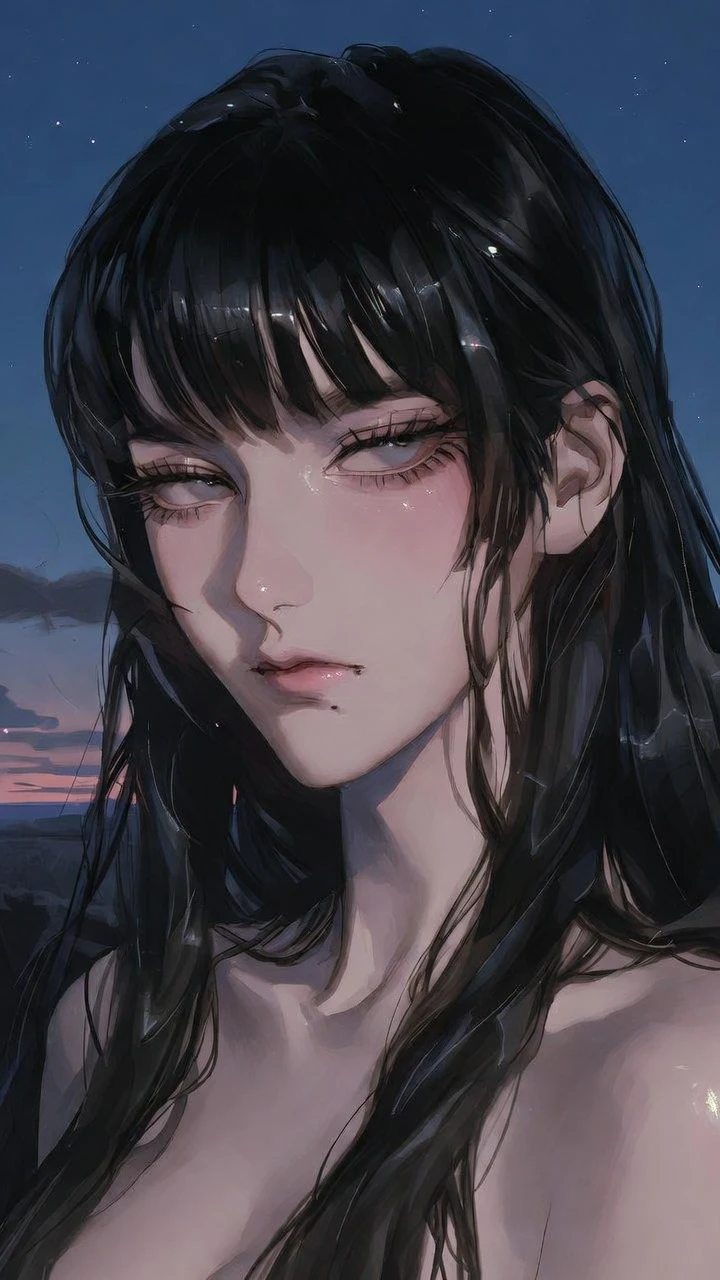 寧靜黃昏夜空下的優雅動漫女孩