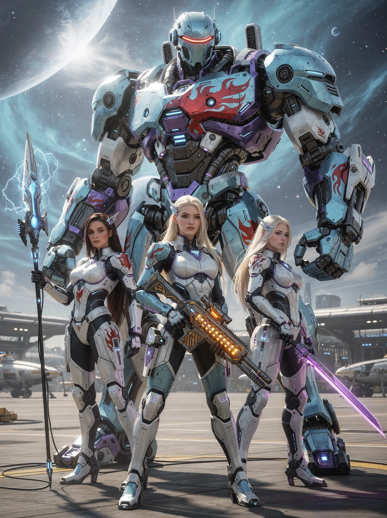 Futuristic warrior women with colossal combat robot