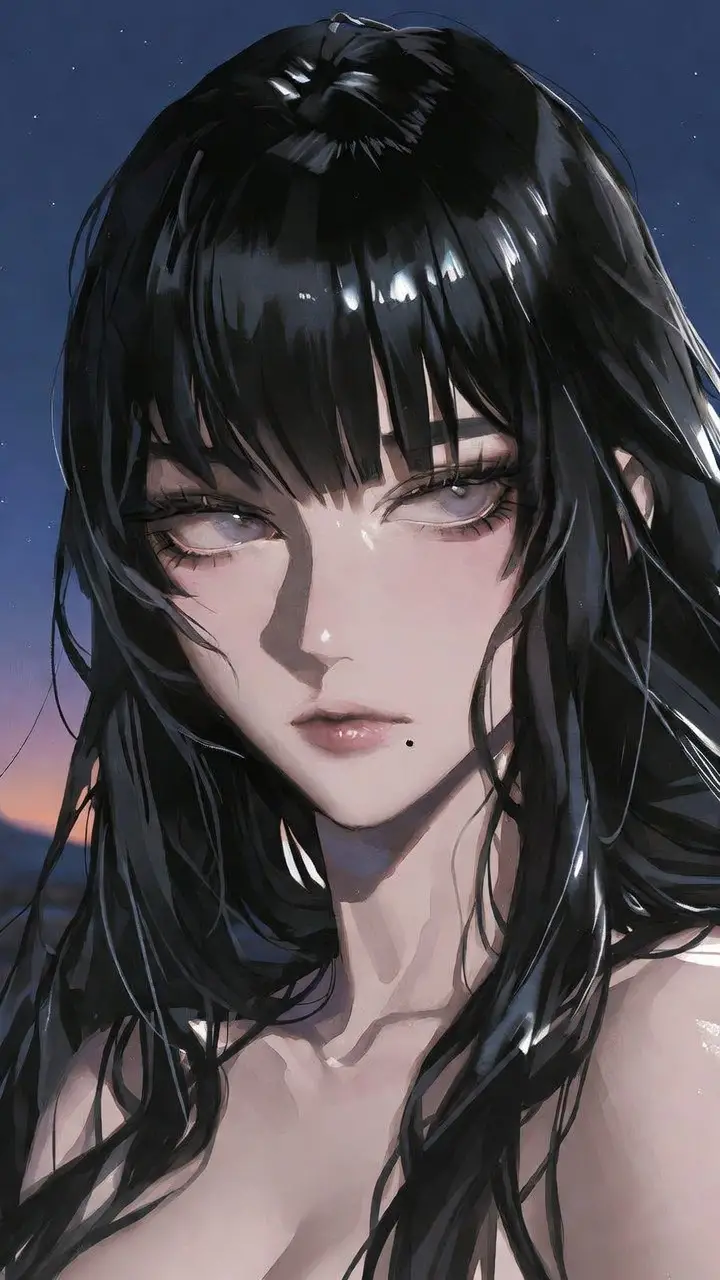 Elegante ragazza anime sotto un limpido cielo notturno al crepuscolo