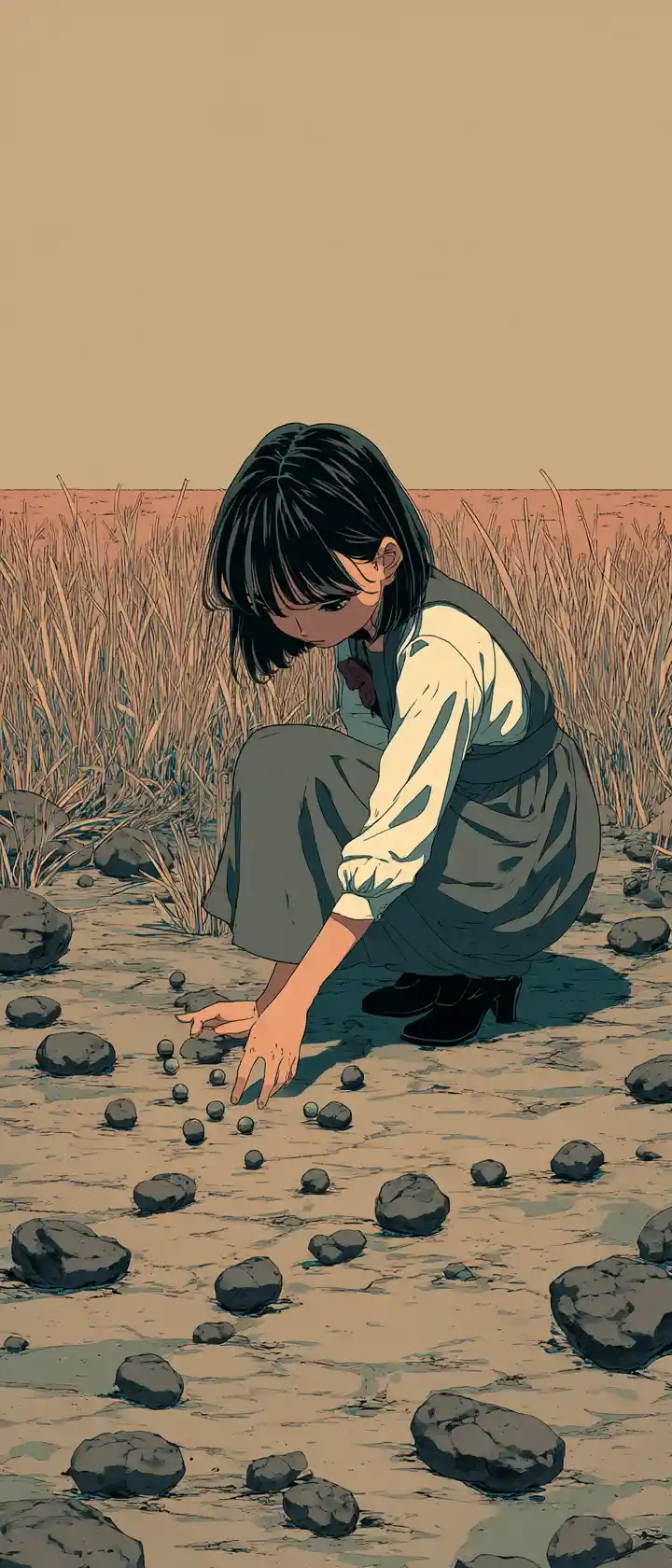 Ragazza anime triste che pianta semi in un campo di cemento arido