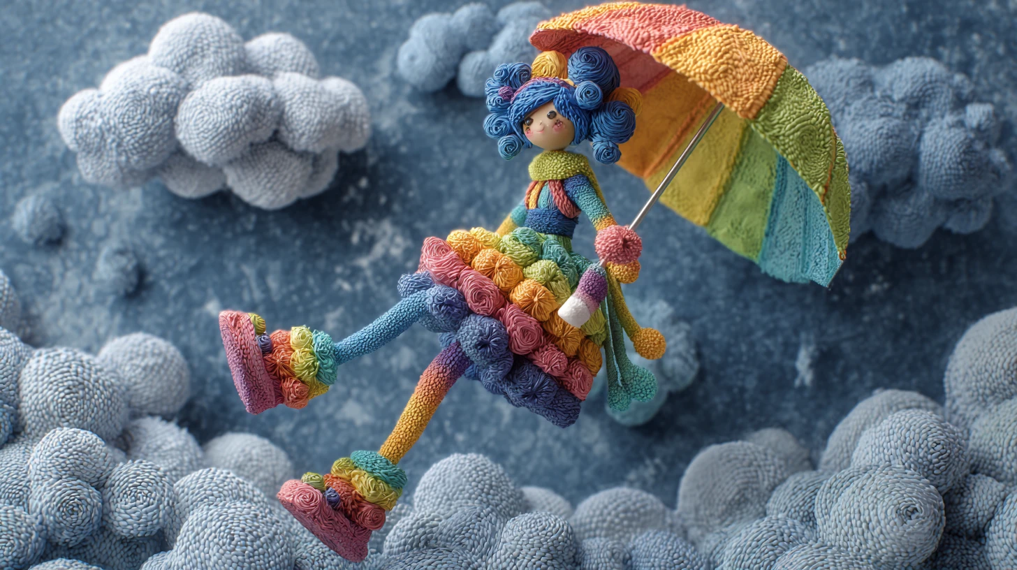 Mujer de claymation con atuendo inspirado en el cielo y paraguas arcoíris