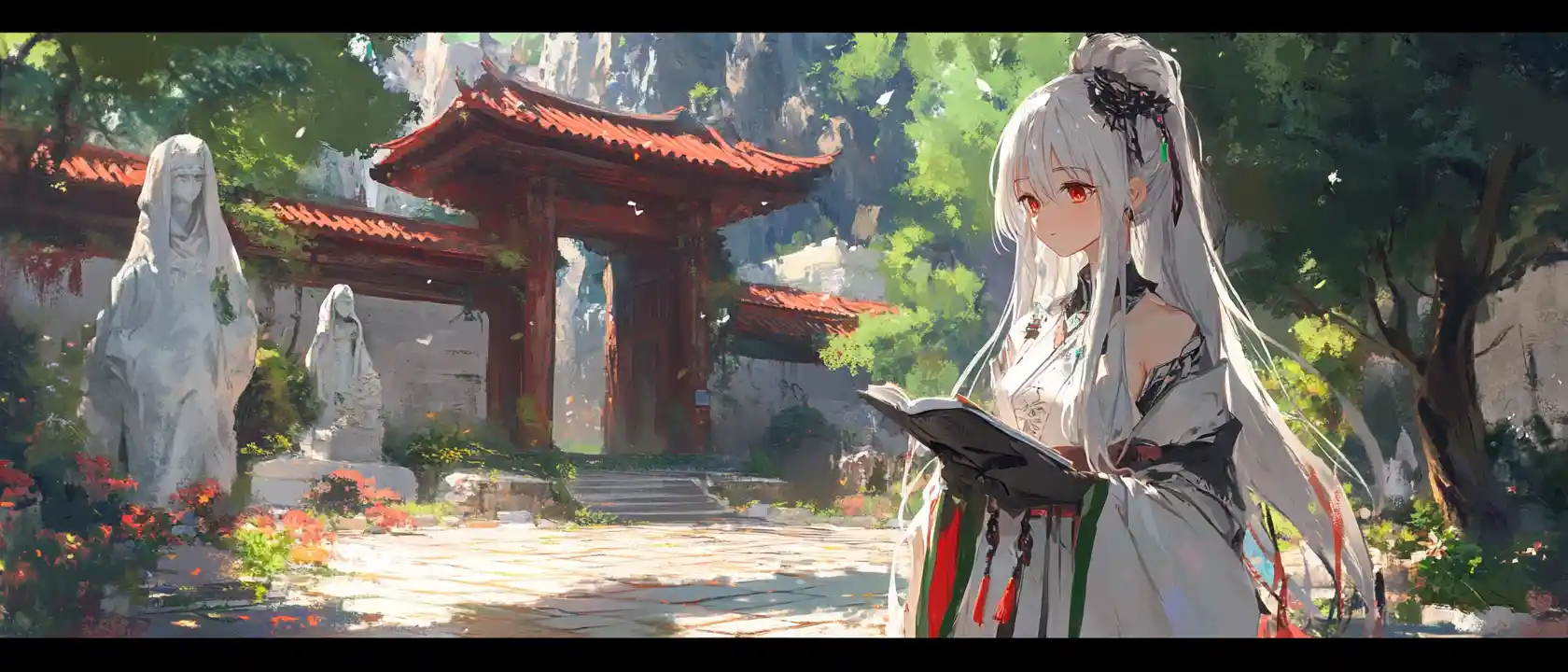 Ragazza anime in veste bianca nel cortile di un tempio antico