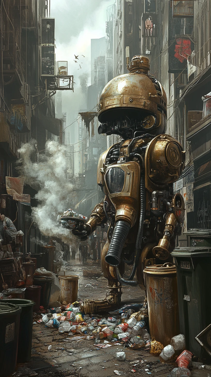 Recolector de basura robótico steampunk dorado en una concurrida calle de la ciudad
