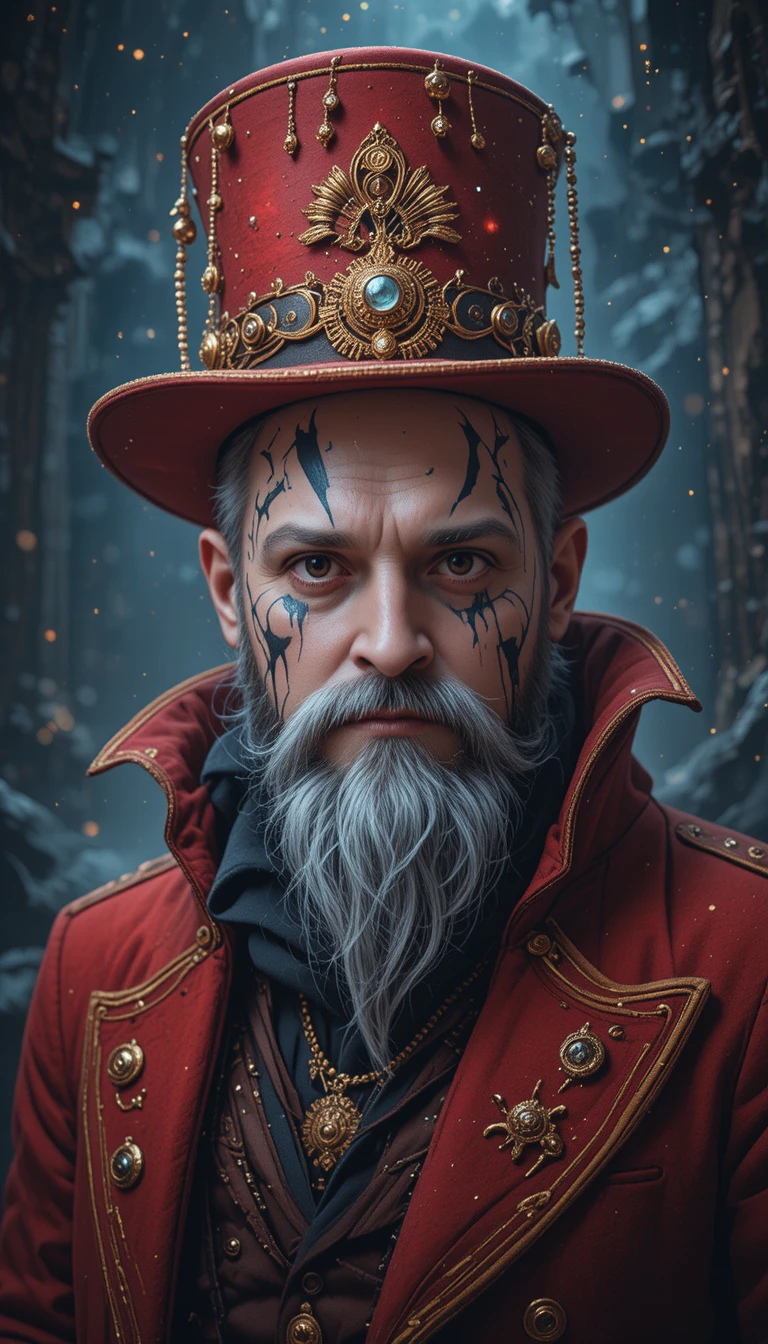 Homem steampunk de cartola vermelha com maquiagem facial intensa