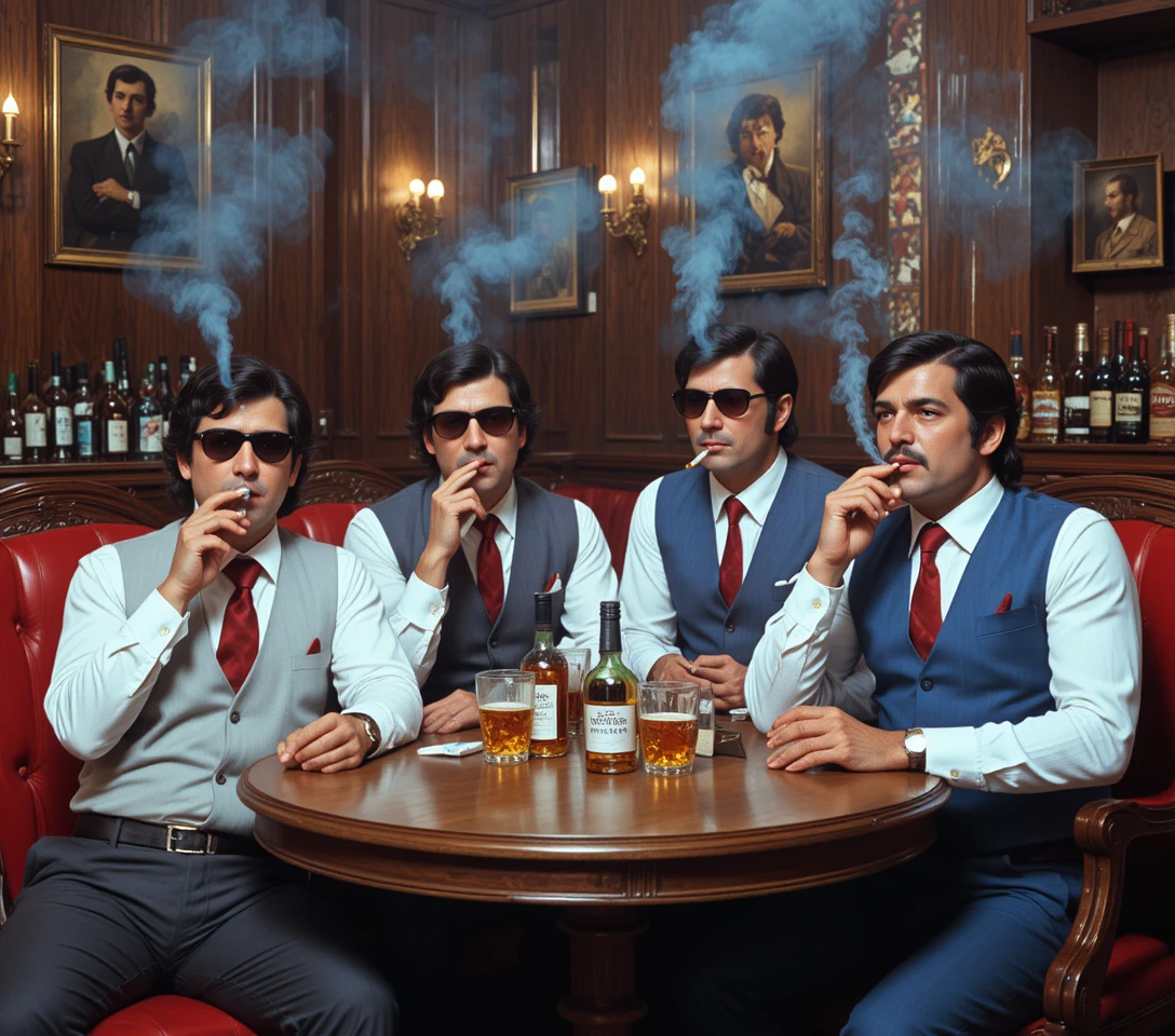 Quatro homens de terno fumando charutos em um bar vintage