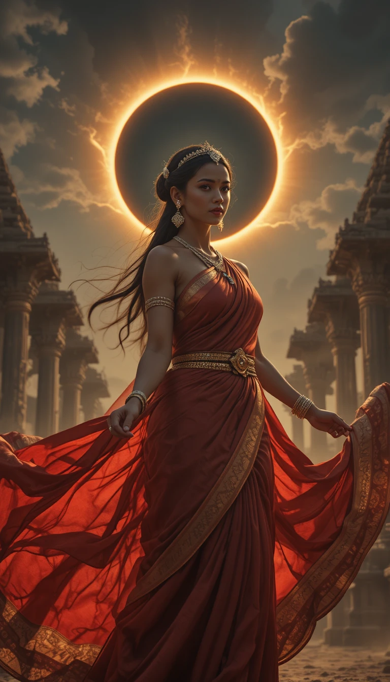 Donna in sari rosso sotto un’eclissi sopra un antico tempio