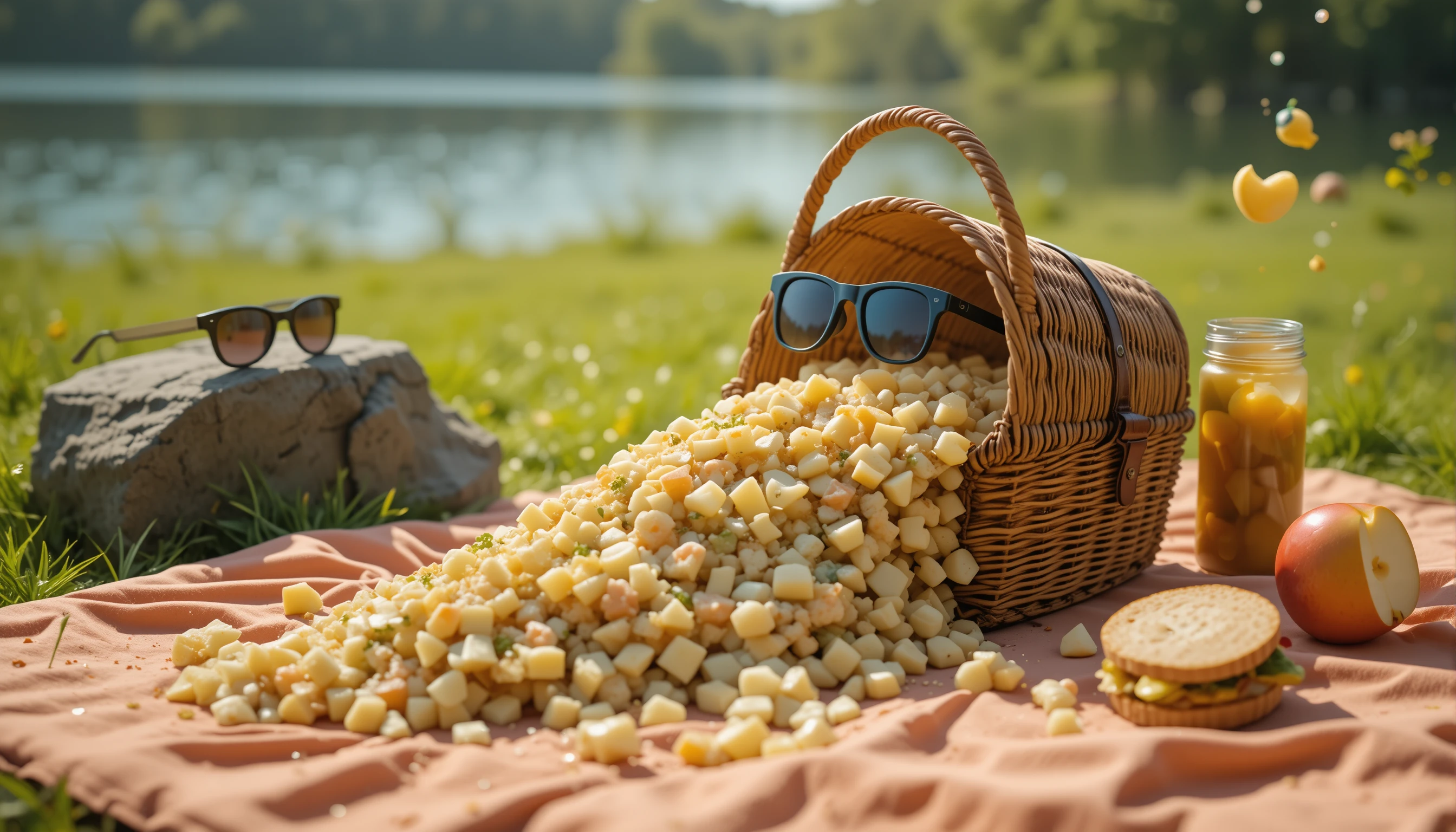Manta de picnic viviente luchando con una ensalada de papa fugitiva