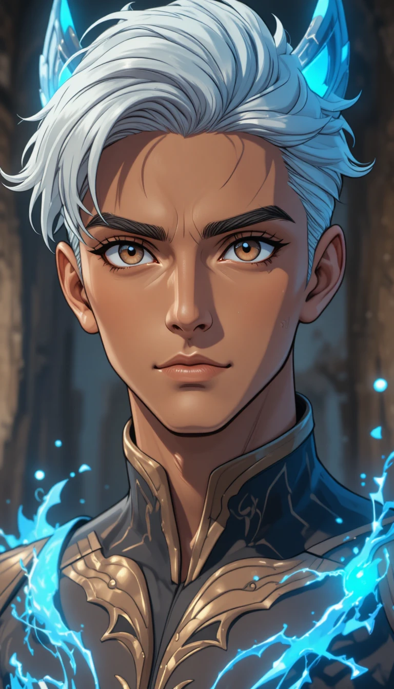 Homem de anime de fantasia com cabelo branco e chifres azuis brilhantes