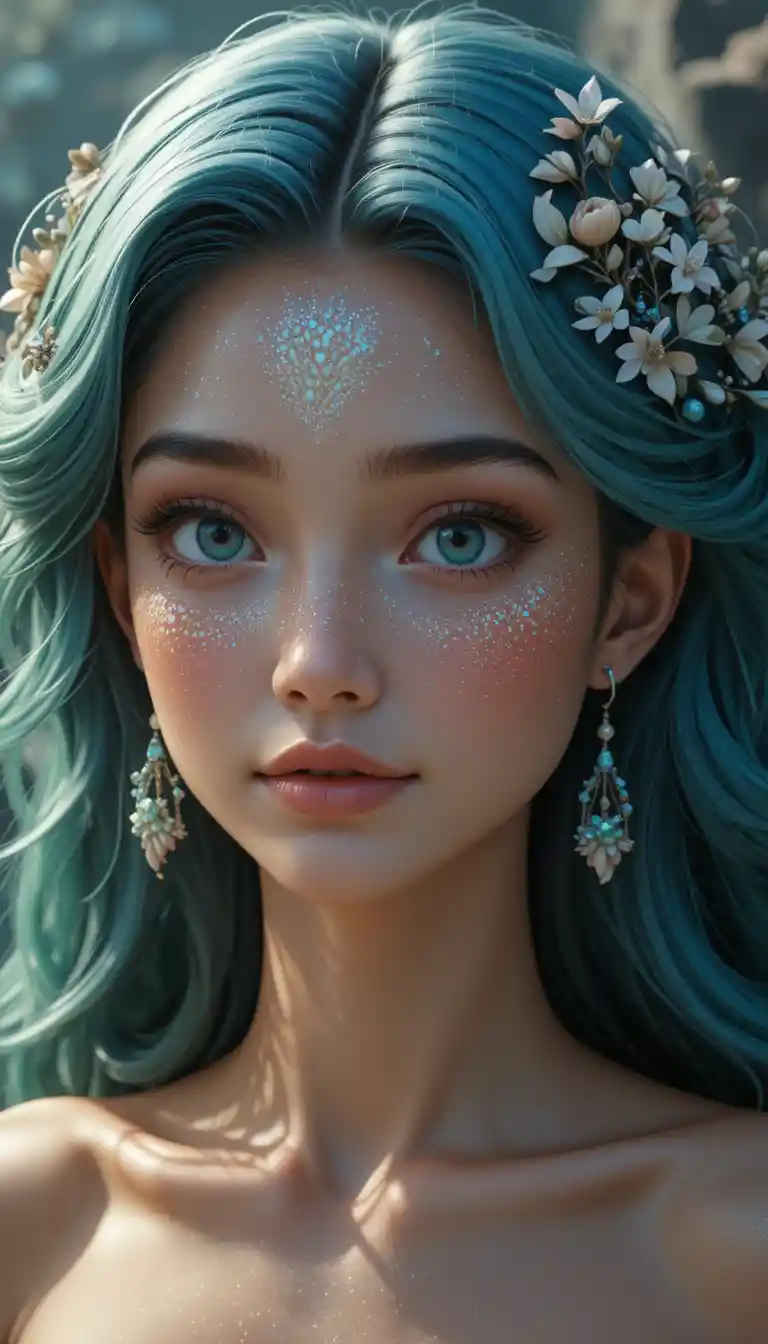Ninfa sirena in stile anime con occhi smeraldo blu oceano
