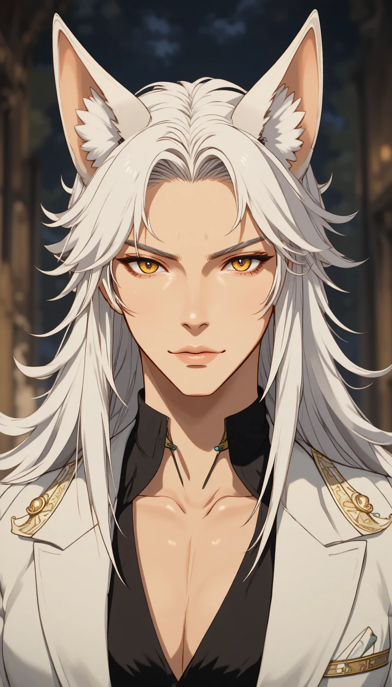 Elegante homem de anime com orelhas de raposa e cabelo branco prateado