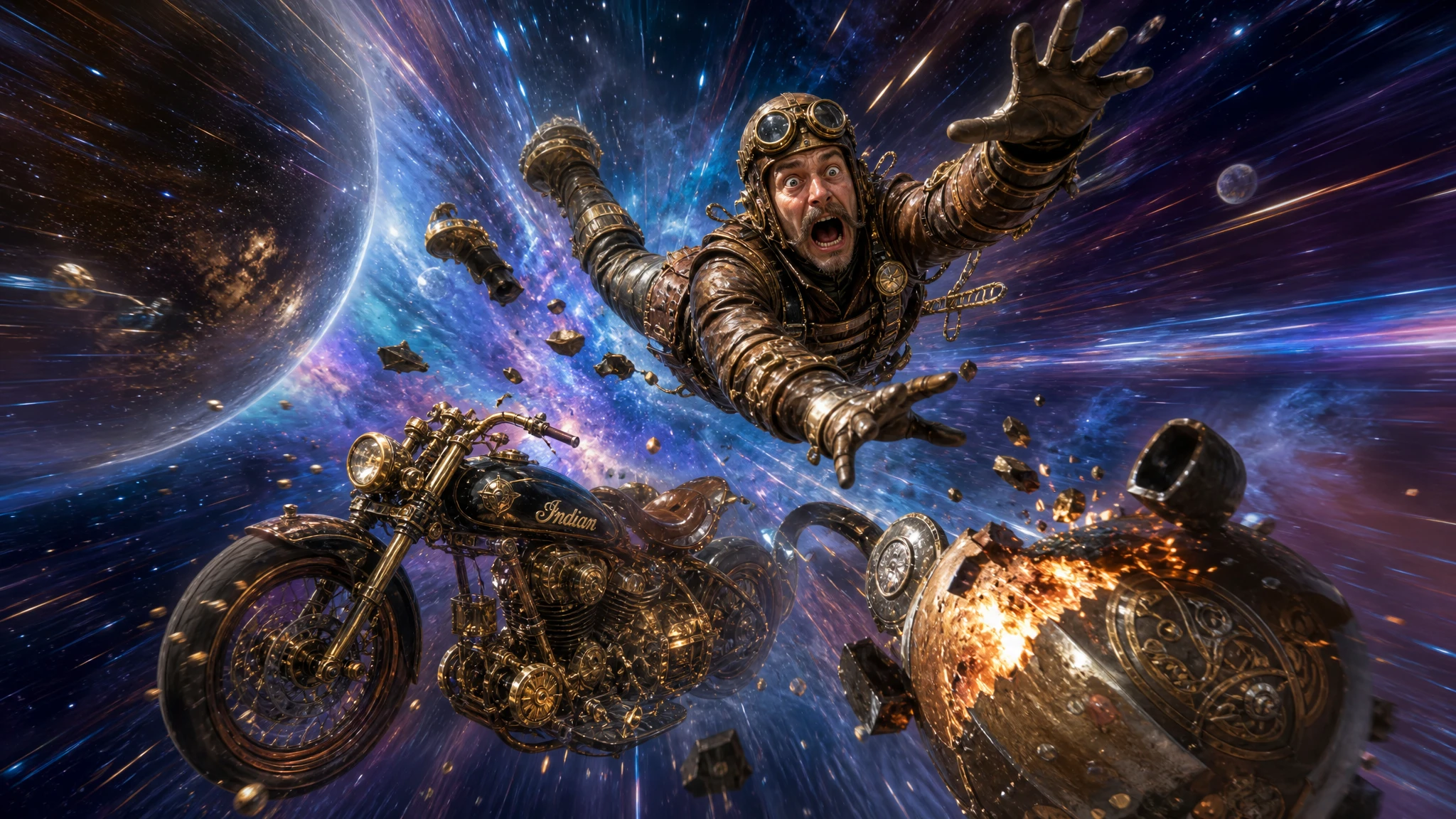 Piloto steampunk e motocicleta rolando pelo espaço sideral