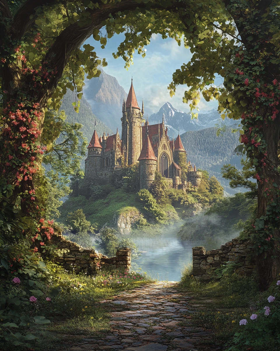 Castelo em um vale distante visto através de folhas de carvalho
