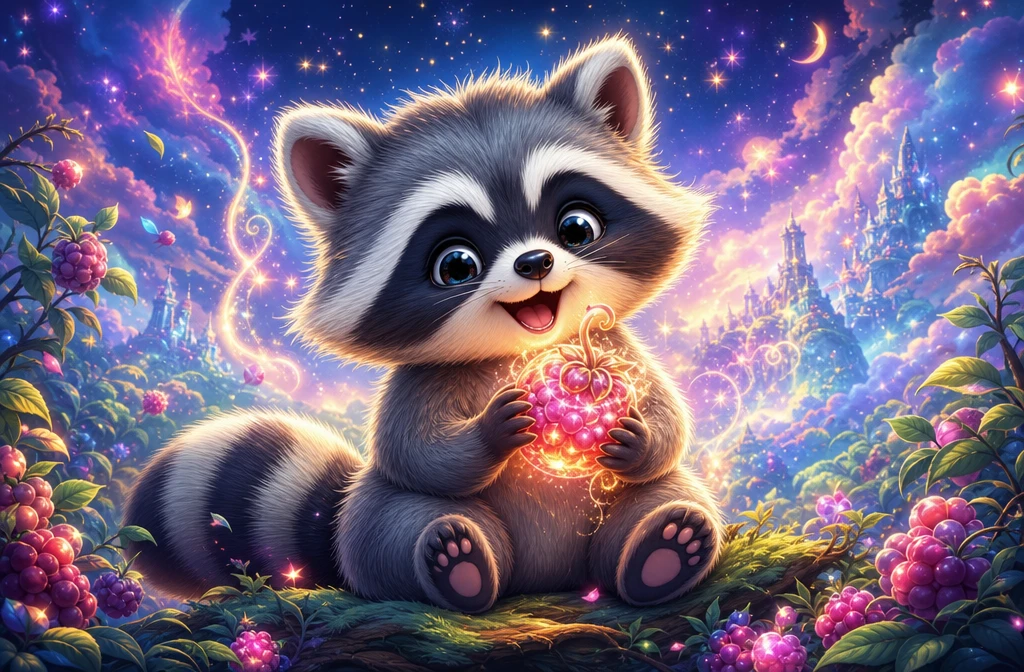 Filhote de guaxinim fofo segurando uma fruta mágica brilhante