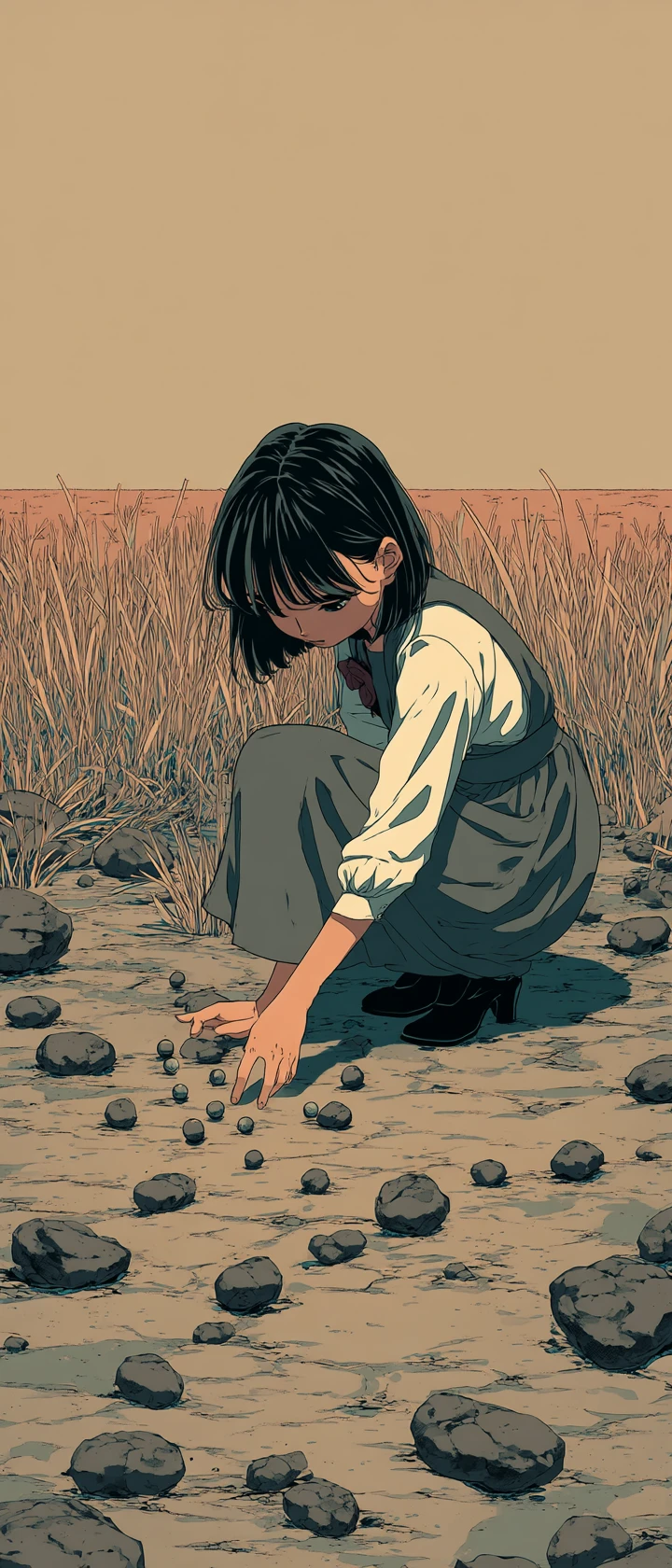 荒れたコンクリートの大地に種をまく悲しいアニメ少女