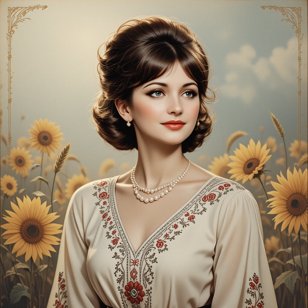 Chanteuse ukrainienne romantique sur pochette de disque vintage aux tournesols