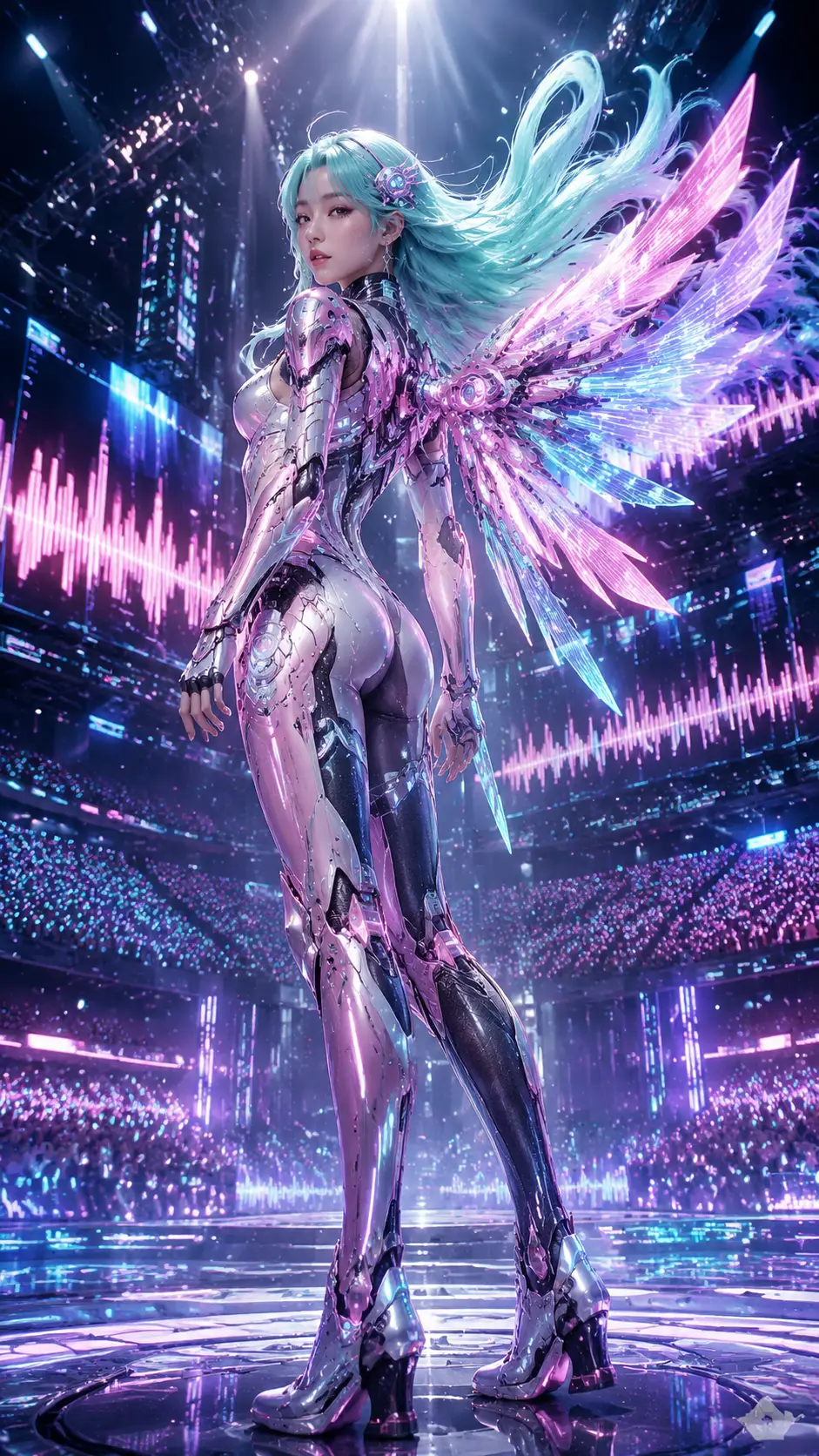 Futuristischer K-Pop-Idol auf holografischer Konzertbühne