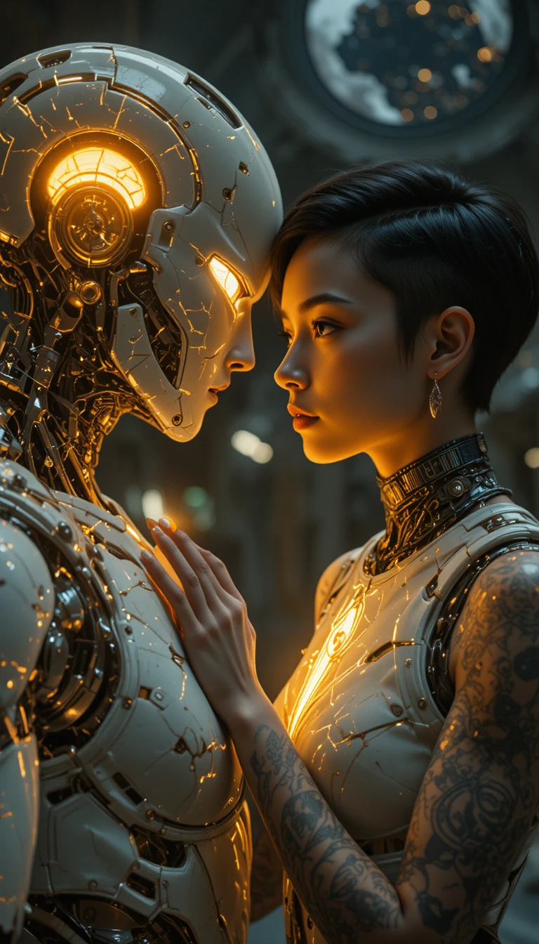 Piloto cyberpunk tocando mecha kintsugi brilhante no hangar
