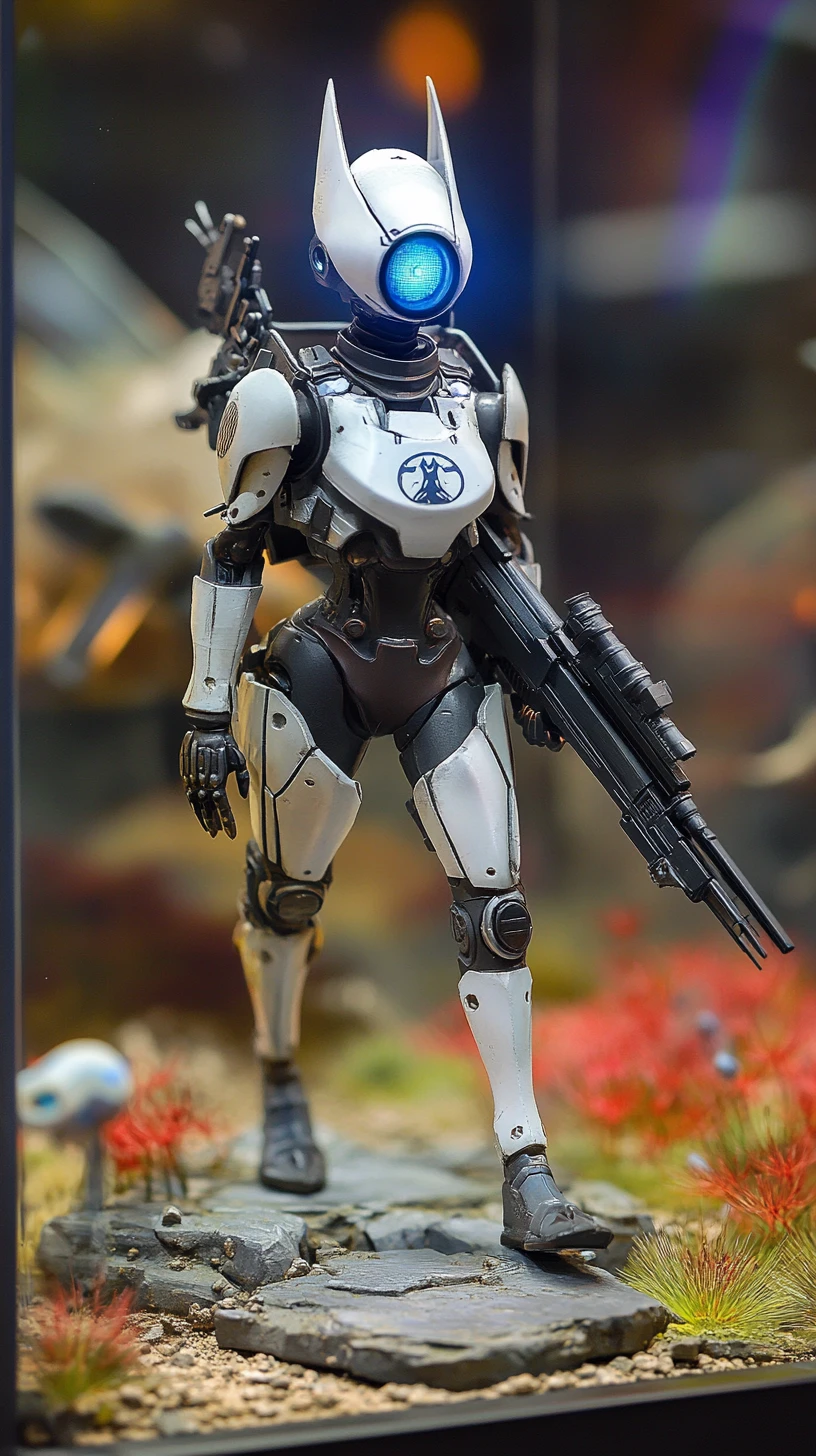 Futuristic battle robot running across a sunset battlefield