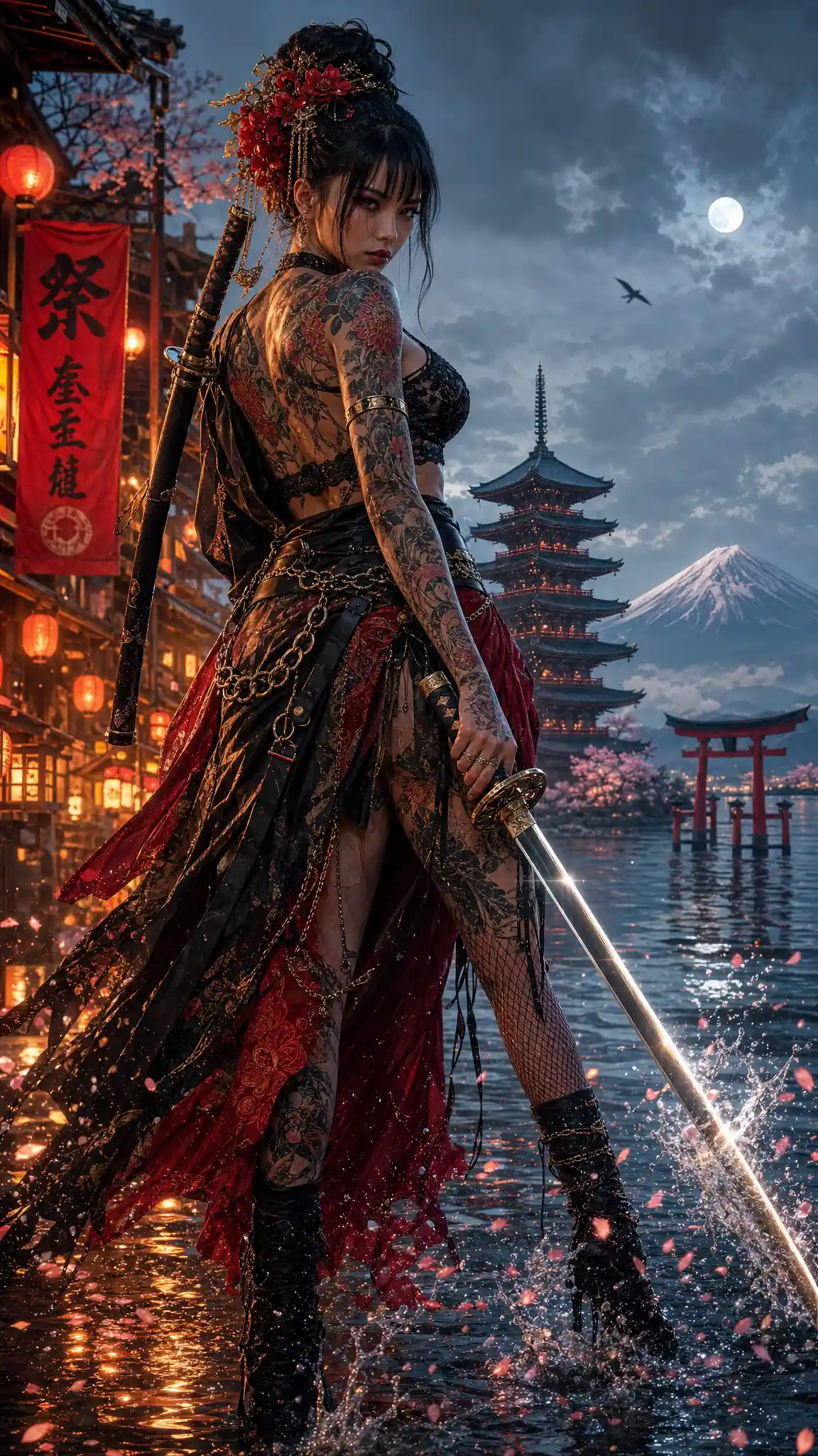 濕滑街道上的刺青日本女武士與武士刀