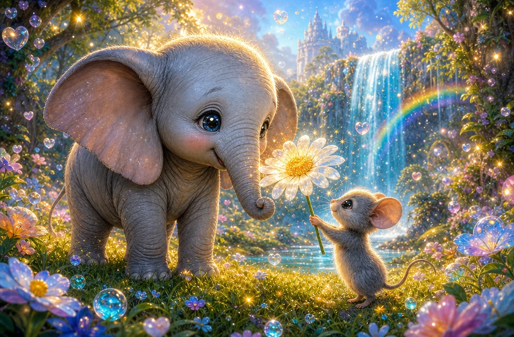 Bebê elefante e rato em um prado mágico de fantasia