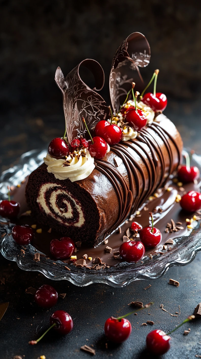 Roulé magique au chocolat avec cerises et crème à la vanille
