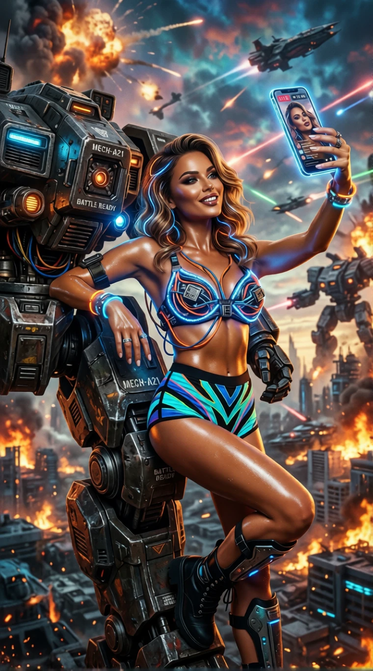 Mulher cyberpunk tirando selfie ao lado de um gigantesco mecha de batalha
