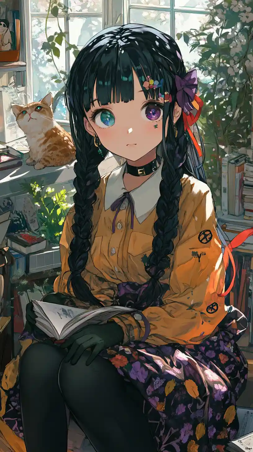 Ragazza anime che legge in uno studio accogliente con vista sul giardino